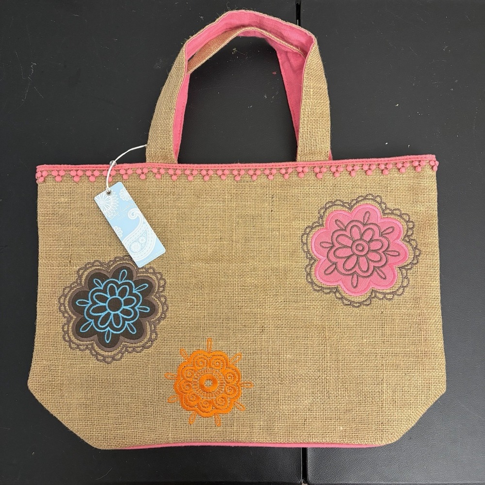 Mud Pie Multi Color Embroideredโ Floral Jute Tote Bag
